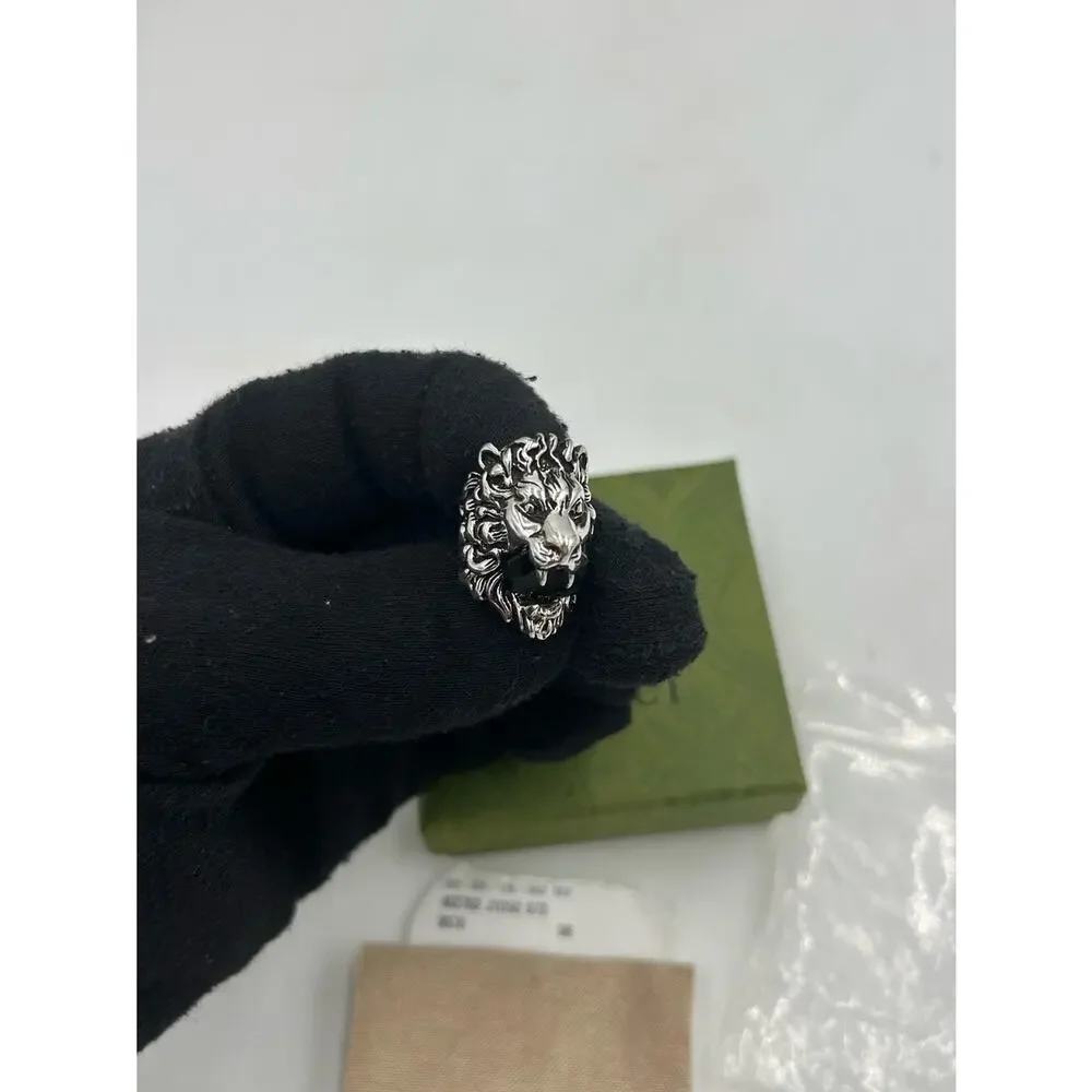 Unisex Gucci Lionhead sterling silver motif ring size 4 black crystal made Italy